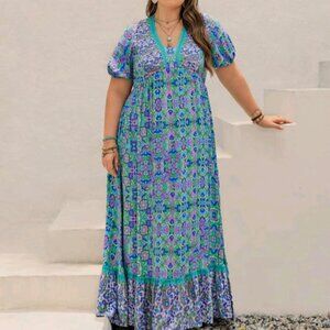 1XL Plus Size Rusttydustty Plus-Size Blue Floral Print Maxi Dress -Pre-Loved